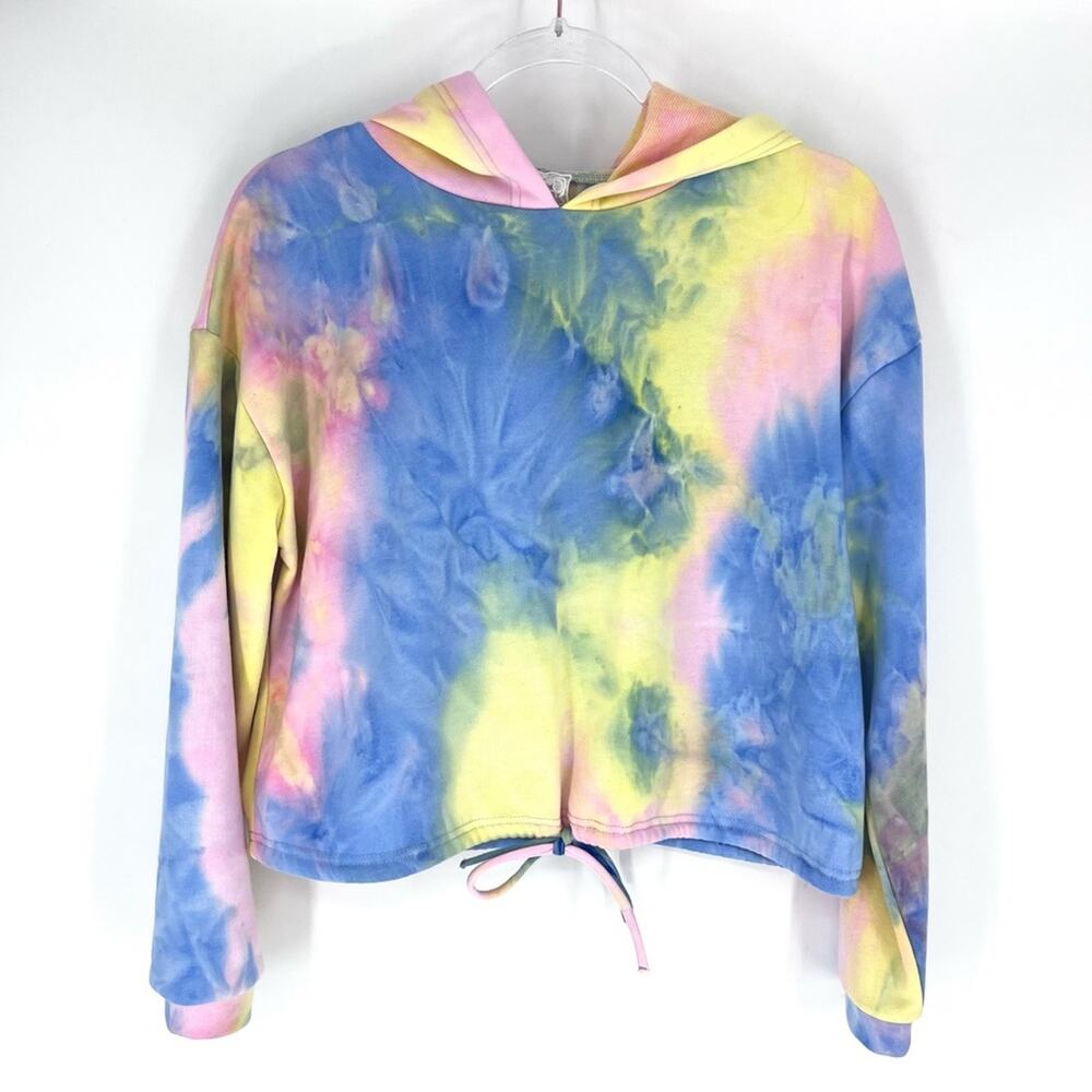 Sadie & Sage Kickback Sky Tie Dye Hoodie Cropped Pink‎ Yellow Blue Size S